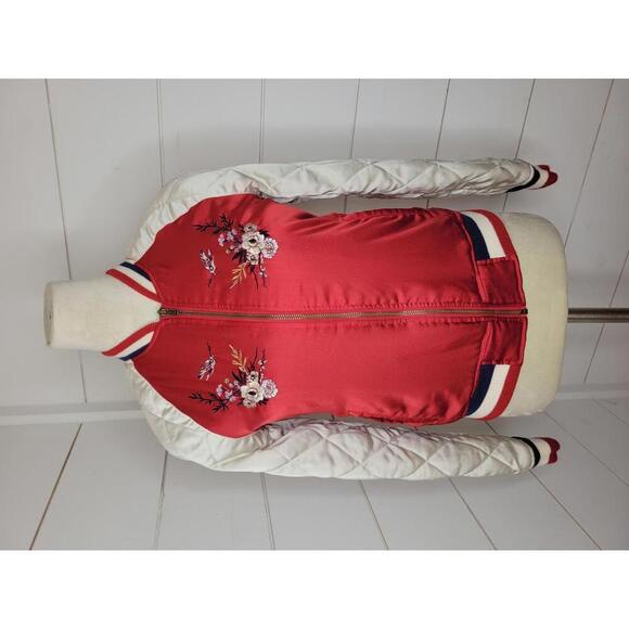 American Eagle Outfitters Jackets & Blazers - American Eagle Outfitters XS Red with floral & birds embroidery varsity jacket